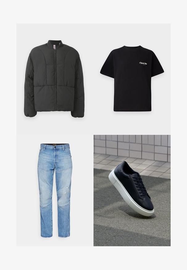 Črna podložena jakna z visokim ovratnikom, sprednjim zadrgo in dvema velikima stranskima žepoma. Ima gladko, lahko tkanino in prešito zasnovo.; Črna bombažna majica s krožno ovratnikom, kratkimi rokavi in majhnim belim logotipom na levem prsnem delu. Preprost dizajn, klasičen kroj.; Svjetloplave traperice s opuštenim krojem, s jastučićima na koljenima i istrošenim detaljima. Standardni dizajn s pet džepova i kopčanjem na gumb.; Črne usnjene superge z zaobljenim prstom in belim gumijastim podplat. Imajo ravne vezalke in minimalno šivanje na zgornjem delu. Teksturirani podplat za oprijem.