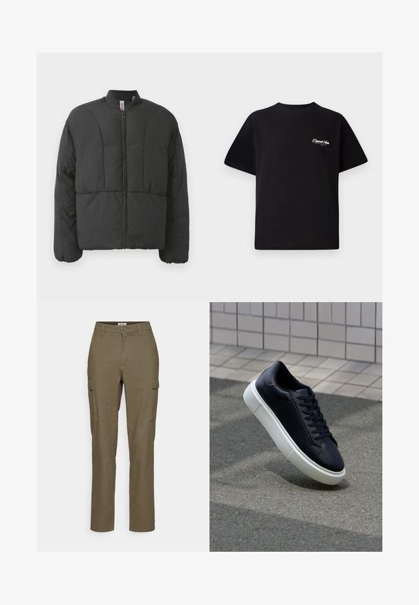 Svart polstret jakke med høy krage, frontglidelås og to store sidelommer. Har et glat, lett stoff og quiltet design.; Svart bomull t-skjorte med rund hals, korte ermer og liten hvit logo-tekst på venstre bryst. Enkel design, klassisk passform.; Olivenfargede cargo bukser med rette ben, som har to sidelommer, knappestengning og et teksturert stoff.; Sorte skinnsneakers med rund tå og hvit gummisåle. Har flate lisser og minimal søm på overdelen. Strukturert såle for grep.
