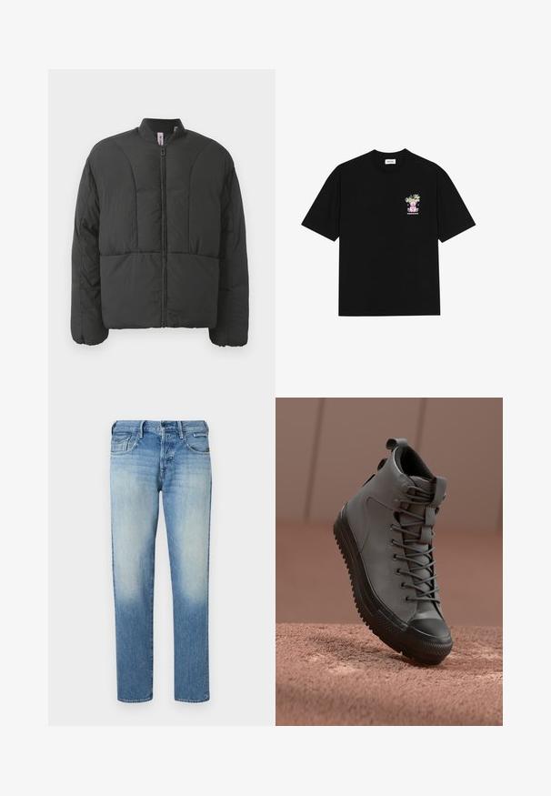 Casaco acolchoado preto com gola alta, fecho na frente e dois grandes bolsos laterais. Apresenta um tecido suave e leve, com design acolchoado.; T-shirt preta de algodão com um gráfico colorido no lado esquerdo do peito, retratando um urso de peluche e texto estilizado, com mangas curtas e gola redonda.; Jeans de denim azul claro com acabamento desbotado, pernas de corte reto, cinco bolsos e fecho com botão. Detalhes de costura e etiqueta da marca na parte de trás.; Sapatilha alta em couro cinza com acabamento texturizado, biqueira de borracha preta e atacadores cinzentos. Apresenta um loop de puxar no calcanhar.