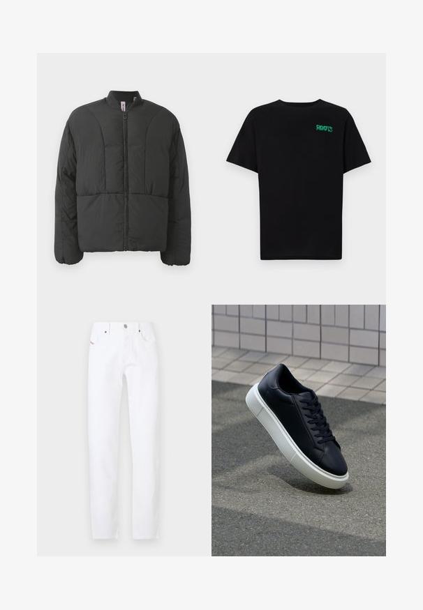 Zwarte gewatteerde jas met een hoge kraag, een voorrits en twee grote zijzakken. Voorzien van een gladde, lichte stof en een doorgestikt ontwerp.; Zwarte T-shirt van katoen met korte mouwen. Heeft een groen "ROOTS" logo op de voorkant, een ronde halslijn en een standaard pasvorm.; Witte denim jeans met een recht model, voorzien van een klassieke vijf-pocket ontwerp en metalen knoopsluiting. Minimalistische stijl zonder patronen.; Zwarte leren sneaker met een ronde neus en een witte rubberen zool. Voorzien van platte veters en minimale stiksels op het bovenwerk. Textuurrijke zool voor grip.