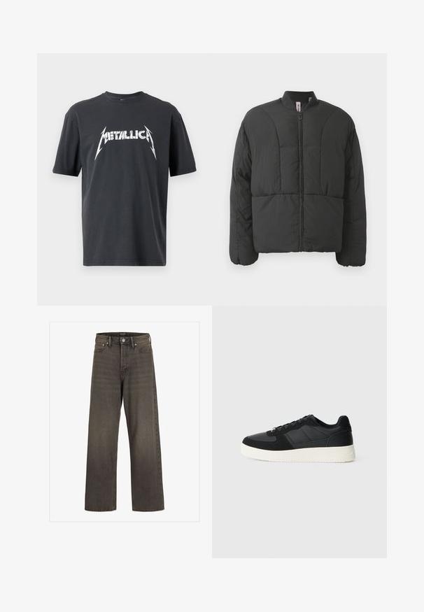 Svart polstret jakke med høy krage, frontglidelås og to store sidelommer. Har et glat, lett stoff og quiltet design.; Svart bomull T-skjorte med korte ermer, med en hvit "Metallica" logo og lyn-design over brystet. Enkel rund hals.; Videbukser i mørkegrå denim, med høj talje, klassisk fem-lomme design og kontrasterende syninger langs sømmene.; Svart lavtopp sneakers med teksturert lær og semskede paneler, hvit gummisåle og svarte snørebånd på en enkel lys bakgrunn.
