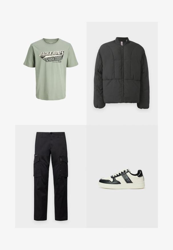 Must mustaga, millel on kõrge krae, esipikkus ja kaks suurt küljetaskut. Omab siledaid, kergeid kangaid ja tikanditud disaini.; Hele rohelise puuvillane T-särk, millel on must-valge graafiline kujundus koos tekstiga. Ümmargune kaelus, lühikesed varrukad ja sirge serv.; Mustad mustree püksid, millel on mitu taskut, lukuulukuga tasku reie peal, sirge lõige ja tugevast puuvillast materjal, millel on kerge läige.; Nahatud nahkkingad musta ja kreemi värviskeemiga, millel on perforeeritud aktsendid, pehme krae ja tekstureeritud tallad.