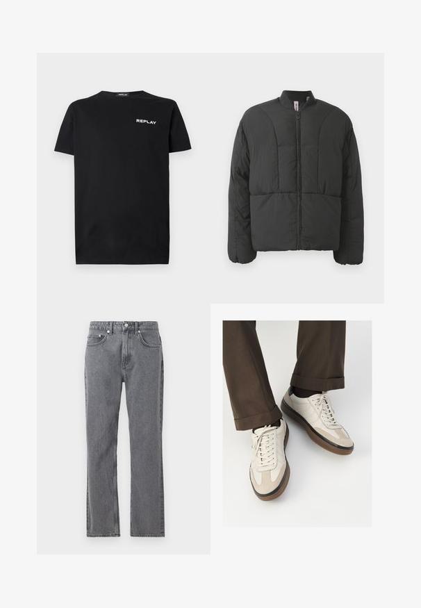 Casaco acolchoado preto com gola alta, fecho na frente e dois grandes bolsos laterais. Apresenta um tecido suave e leve, com design acolchoado.; T-shirt de algodão preto com mangas curtas e decote redondo, apresentando um logotipo branco "REPLAY" na área do peito esquerdo. Textura suave.; Jeans de brim cinza com um design de perna reta, cinco bolsos e fecho de botão. Apresenta desbotamento suave e costura em contraste.; Tênis bege com frente em camurça texturizada, lados em couro liso e sola em borracha marrom. Inclui cadarços e detalhes de costura clara.