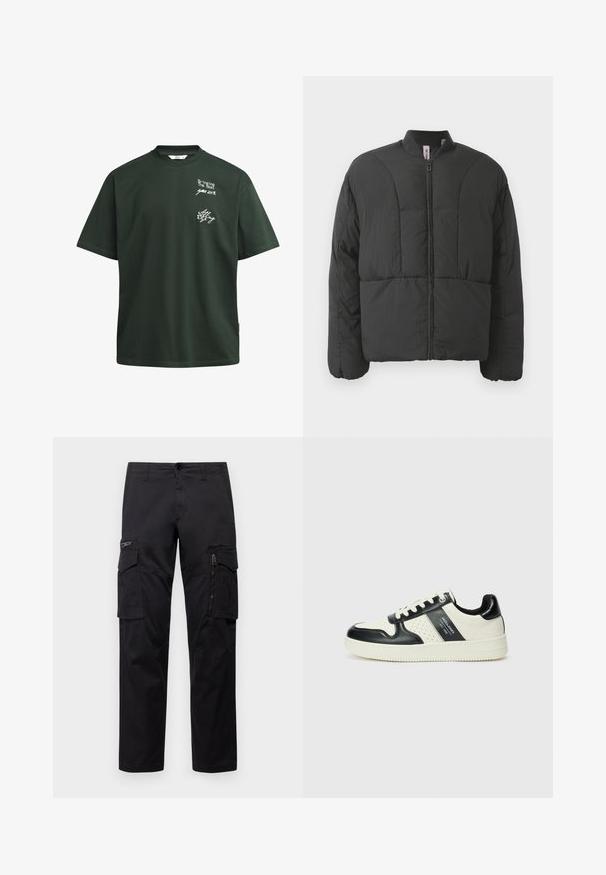 Zwarte gewatteerde jas met een hoge kraag, een voorrits en twee grote zijzakken. Voorzien van een gladde, lichte stof en een doorgestikt ontwerp.; Donkergroene katoenen T-shirt met korte mouwen, ronde hals, en witte bedrukte tekst, met een relaxed fit en zonder zichtbare versieringen.; Zwarte cargobroek met meerdere zakken, een ritszak op de dij, rechte pasvorm en stevige katoen met een subtiele glans.; Leren sneakers met een zwart en crèmekleurig kleurenschema, voorzien van geperforeerde accenten, een gevoerde kraag en een gestructureerde buitenzool.