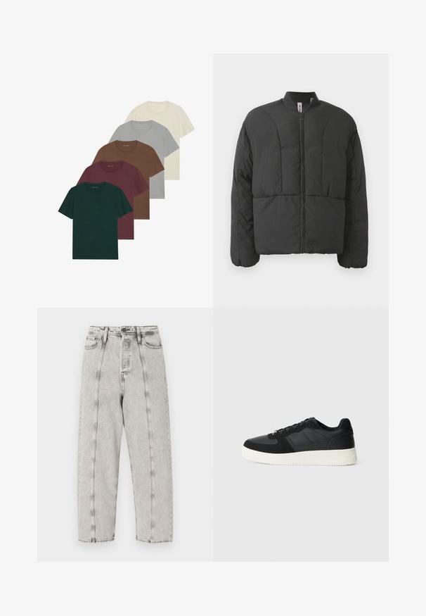 Melnā polsterētā jaka ar augstu apkakli, priekšējo rāvējslēdzēju un divām lielām sānu kabatām. Iezīmējas ar gludu, vieglu audumu un izšūtu dizainu.; Pieci apaļā kakla T-krekli dažādās krāsās: tumši zaļa, bordo, brūna, gaiši pelēka un krēmīga; visiem ir īsas piedurknes un gluda tekstūra.; Pelēki augsta jostasvieta džinsi ar brīvu piegriezumu, ar taisnu kāju dizainu, redzamām dūrēm un nolietotu tekstūru.; Melnas zemas tenisa kurpes ar teksturētu ādu un zamša paneļiem, baltu gumijas zoli un melnām šņorēm uz vienkārša gaiša fona.