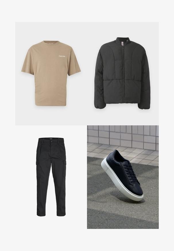 Črna podložena jakna z visokim ovratnikom, sprednjim zadrgo in dvema velikima stranskima žepoma. Ima gladko, lahko tkanino in prešito zasnovo.; Bež bombažna majica s kratkimi rokavi in okroglim izrezom. Na levem prsnem delu je natisnjen napis "Club1990" v beli barvi. Gladka tekstura, regularna prileganje.; Črne cargo hlače iz trdnega blaga, ki imajo več žepov, gumbasto zapiranje in ozek kroj z zožanimi nogami.; Črne usnjene superge z zaobljenim prstom in belim gumijastim podplat. Imajo ravne vezalke in minimalno šivanje na zgornjem delu. Teksturirani podplat za oprijem.