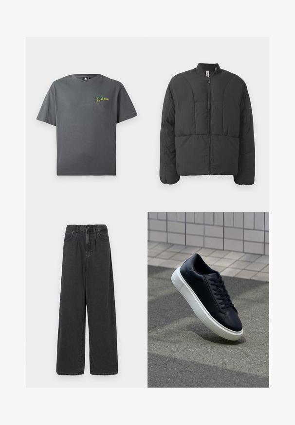 Giacca nera imbottita con colletto alto, zip frontale e due ampie tasche laterali. Presenta un tessuto liscio e leggero e un design trapuntato.; T-shirt grigio in cotone con scollo rotondo e maniche corte. Presenta una grafica multicolore di "Superman" nell'area sinistra del petto.; Pantaloni in denim neri a gamba larga e vita alta con chiusura frontale a bottoni e zip, dotati di tasche laterali e una texture liscia.; Sneaker in pelle nera con punta arrotondata e suola in gomma bianca. Presenta lacci piatti e cuciture minime sulla parte superiore. Suola testurizzata per una migliore aderenza.