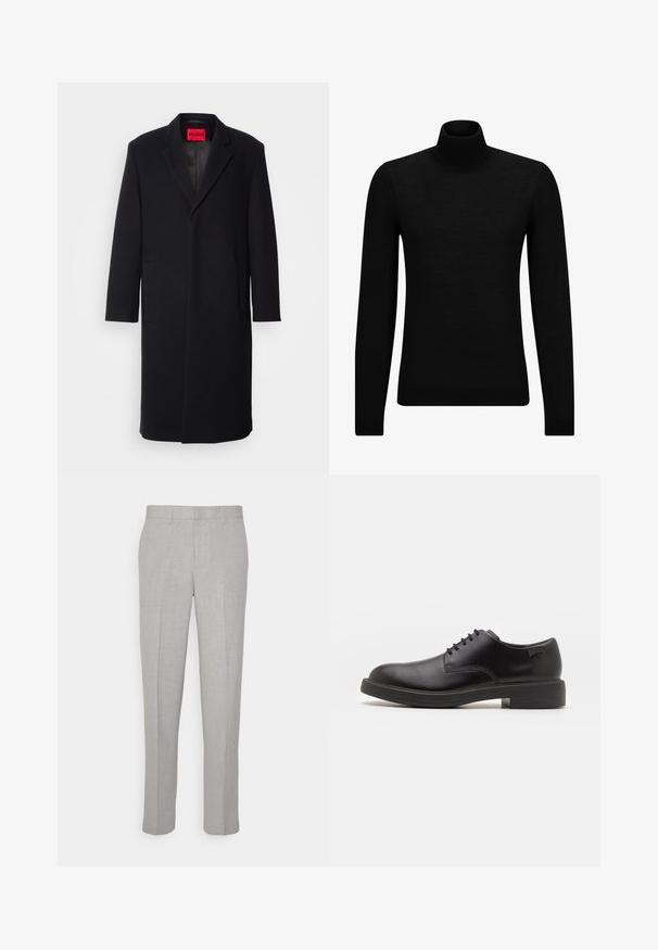 Mustmustest mustraaviga jope, millel on lõikega krae, kaks esistaskut ja sirge lõige. Siseservas on punane brändi silt. Sile tekstuur.; Musthave muströid ja pehmest materjalist must turtleneck, millel on pikad varrukad ja tihe istuvus. Ribaga ääris allservas ja vöökohal. Lihtne disain.; Heledad hallid püksid sileda tekstuuriga, lame esiots ja sirged sääred. Valmistatud hingavast kangast, millel on sisepocketid ja vöölõngad.; Must beemel levalis kingad ümarate varvastega, sileda pinnaga, minimaalsete õmblustega ja madala kummist kontsaga. Logo kontsa peal.