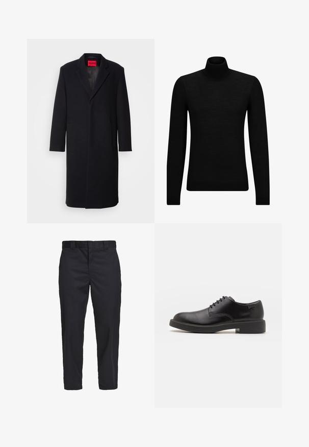 Schwarzer Wollmischungs-Mantel mit Reverskragen, zwei vorderen Taschen und geradem Schnitt. Mit einem roten Markenlabel innen. Glatte Textur.; Schwarzer Rollkragenpullover aus weichem Material mit langen Ärmeln und enger Passform. Rippbesatz am Saum und an den Bündchen. Einfaches Design.; Schwarze Chinos aus leichtem Baumwollstoff, mit geradem Schnitt, seitlichen Taschen und einem Knopfverschluss am Bund.; Schwarzer Leder-Schnürschuh mit abgerundetem Zeh, glatter Textur, minimaler Naht und niedrigem Gummiabsatz. Logo auf der Ferse.