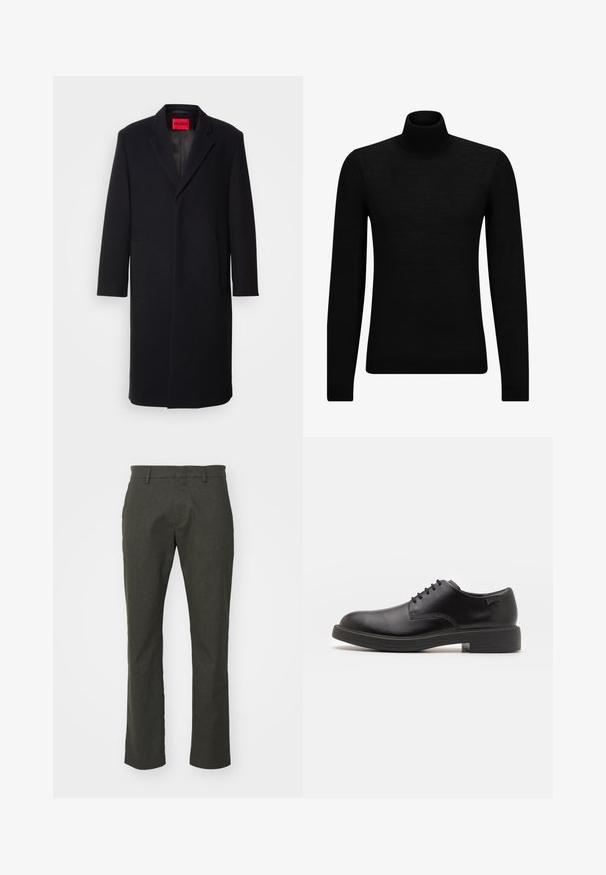 Svart ullblandad kappa med spetsiga slag, två framfickor och rak snitt. Har en röd märkesetikett inuti. Slät textur.; Svart polotröja gjord av mjukt material, med långa ärmar och en åtsittande passform. Ribbat avslut vid fåll och ärmslut. Enkelt mönster.; Mörkgröna skräddarsydda byxor med rak passform, med en flat front, två sidofickor och en slät yta.; Svart läder snörsko med rund tå, slät yta, minimal söm och låg gummihäl. Logotyp på hälen.