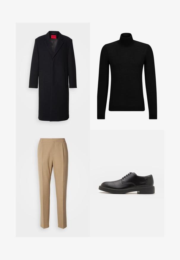 Melna vilnas maisījuma mēteli ar iegrieztu atlokiem, divām priekšējām kabatām un taisnu griezumu.  Iekšpusē ir sarkans zīmola marķējums. Gluda tekstūra.; Melnā augstā kakla džemperis, kas izgatavots no mīksta materiāla, ar garām piedurknēm un pieguļušu piegriezumu. Ribota apdare ap apakšu un piedurknēm. Vienkāršs dizains.; Khaki pielāgotas bikses ar taisnu kāju, plakanu priekšpusi, smalku tekstūru un divām priekšējām kabatām. Piedāvā elegantu, minimālistisku dizainu.; Melna āda sašūta kurpe ar noapaļotu purngalu, gludu tekstūru, minimālu šuvju skaitu un zemu gumijas papēdi. Logo uz papēža.