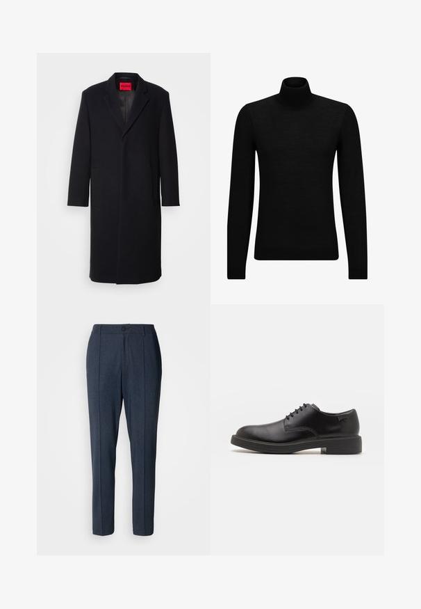 Abrigo de mezcla de lana negra con solapa de muesca, dos bolsillos delanteros y corte recto. Presenta una etiqueta de marca roja en su interior. Textura suave.; Jersey de cuello alto negro hecho de un material suave, con mangas largas y un ajuste ceñido. Ribete acanalado en el dobladillo y los puños. Diseño simple.; Pantalones azul marino hechos de un tejido texturizado, con un corte recto, cierre de un solo botón y dos pliegues frontales como detalle de diseño.; Zapato negro de cuero con cordones, punta redondeada, textura suave, costuras mínimas y tacón bajo de goma. Logo en el tacón.