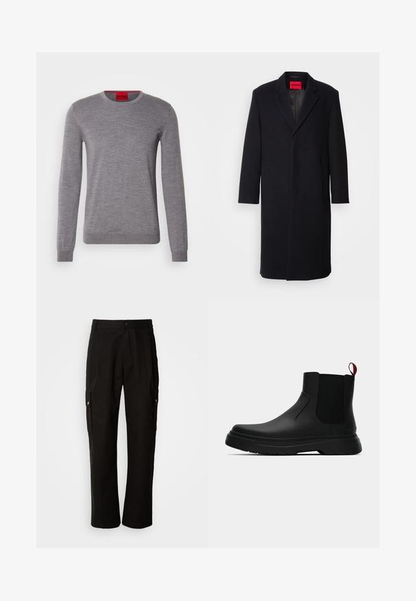 Schwarzer Wollmischungs-Mantel mit Reverskragen, zwei vorderen Taschen und geradem Schnitt. Mit einem roten Markenlabel innen. Glatte Textur.; HUGO SAN CEDRIC - Strickpullover - medium grey; Schwarze Cargo-Hosen aus Baumwolle mit lockerem Schnitt, seitlichen Taschen, Knopfverschluss und geradem Bein. Einfaches Design ohne Muster.; Schwarze Knöchelstiefel mit glatter Oberfläche, elastischen Seitenpaneelen und einem kontrastierenden roten Zuglasche, ausgestattet mit einer dicken Gummisohle und einer runden Zehenpartie.