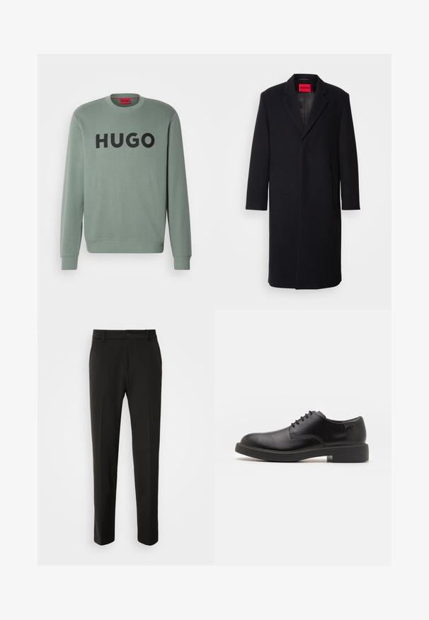 Čierny kabát zo zmesi vlny s výstrihom do "V", dvoma prednými vreckami a rovný strih. Má červenú značkovú etiketu vo vnútri. Hladká textúra.; Svetlozelená mikina vyrobená z jemného materiálu, s okrúhlym výstrihom a výrazným čiernym logom "HUGO" na hrudi.; Čierne nohavice vyrobené z hladkej tkaniny, s rovnými nohami, zapínaním na gombík a klasickým dizajnom vhodným pre formálne aj neformálne nosenie.; Čierne kožené šnurovacie topánky s okrúhlou špičkou, hladkým povrchom, minimálnym prešívaním a nízkym gumovým podpätkom. Logo na podpätku.