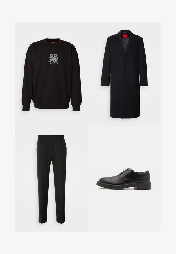 Černý vlnený kabát se záložkou, dvěma předními kapsami a rovný střih. Uvnitř červený značkový štítek. Hladká textura.; Černá mikina s dlouhými rukávy, má kulatý výstřih a grafické logo s býkem a nápisem "PB HUGO" v stříbrné barvě na přední straně.; Černé kalhoty vyrobené z hladkého materiálu, s rovnými nohavicemi, zapínáním na knoflík a klasickým designem vhodným pro formální i neformální nošení.; Černé kožené šněrovací boty s kulatou špičkou, hladkým povrchem, minimálním prošíváním a nízkým gumovým podpatkem. Logo na patě.