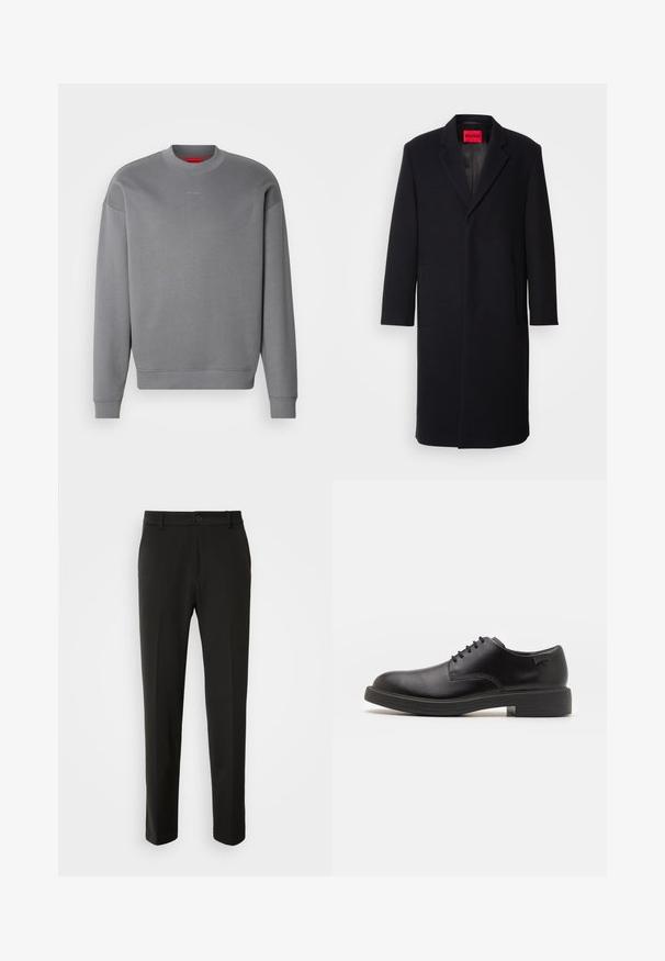 Czarny płaszcz z wełny z wyciętym kołnierzem, dwoma przednimi kieszeniami i prostym krojem. Wewnątrz znajduje się czerwona metka marki. Gładka tekstura.; HUGO DAPOCREW szary; Czarne spodnie z gładkiego materiału, z prostymi nogawkami, z zapięciem na guzik i klasycznym wzornictwem, odpowiednie zarówno na formalne, jak i codzienne okazje.; Czarny skórzany but za kostkę z okrągłym noskiem, gładką fakturą, minimalnym przeszyciem i niskim gumowym obcasem. Logo na pięcie.