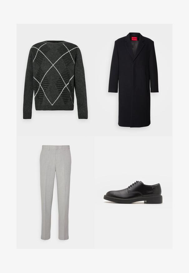 Mustmustest mustraaviga jope, millel on lõikega krae, kaks esistaskut ja sirge lõige. Siseservas on punane brändi silt. Sile tekstuur.; Tumehall soe, struktuurse argyle mustriga, musta ja valgega. Ümmargune kaelus ja soonikkoes mansetid. Pehme kangas, pikad varrukad.; Heledad hallid püksid sileda tekstuuriga, lame esiots ja sirged sääred. Valmistatud hingavast kangast, millel on sisepocketid ja vöölõngad.; Must beemel levalis kingad ümarate varvastega, sileda pinnaga, minimaalsete õmblustega ja madala kummist kontsaga. Logo kontsa peal.