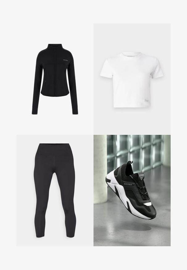 Melna zip-up jaka ar garām piedurknēm, izgatavota no gludas auduma, ar piegulīgu dizainu un diskrētu logotipu kreisajā augšējā krūtīs.; Balts īsais T-krekls, izgatavots no gludas kokvilnas, ar augstu kakla izgriezumu un īsām piedurknēm. Neliels izšūts logo apakšējā stūrī.; Melni legingi ar augstu jostasvietu, izgatavoti no gludas, elastīgas materiāla. Iespējams, tām ir plakanas šuves un pieguļošs dizains.; Melnbaltas sporta kedas ar acs audumu, teksturētām virsām un izteiktu logo uz mēles. Tam ir iešūta zole atbalstam.