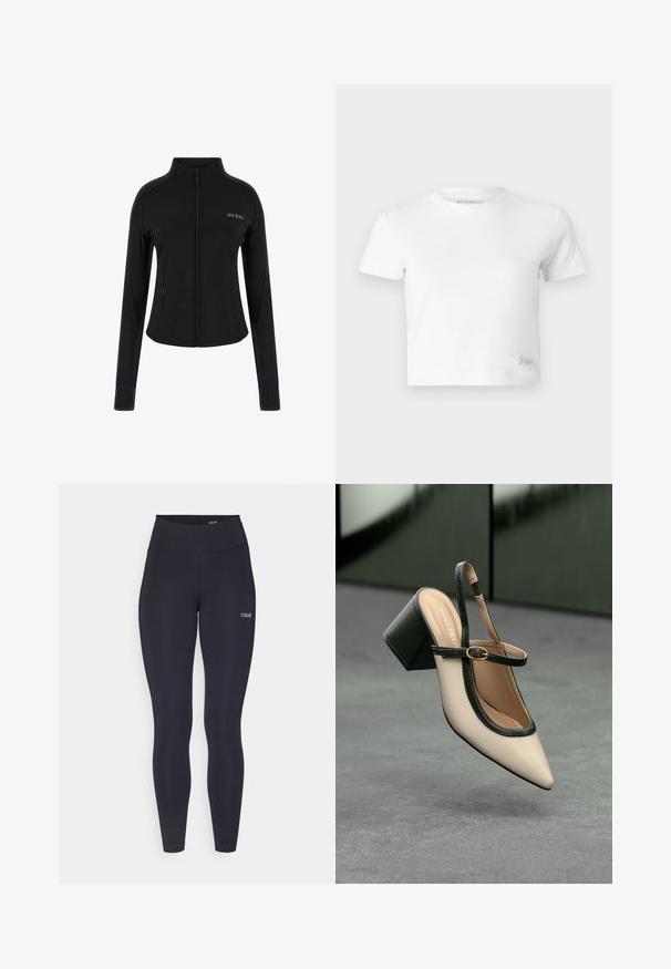 Chaqueta negra con cremallera y mangas largas, hecha de un tejido suave, con un diseño ajustado y un logo sutil en la parte superior izquierda del pecho.; Camiseta blanca corta hecha de algodón suave, con un cuello alto y mangas cortas. Pequeño logo bordado en la esquina inferior.; Leggings negros con una cintura alta, hechos de una tela elástica, que cuentan con un pequeño logo blanco en el muslo y una textura suave.; Zapato slingback de punta beige con ribete negro, hebilla dorada y un tacón cuadrado grueso sobre un suelo gris con fondo verde oscuro.