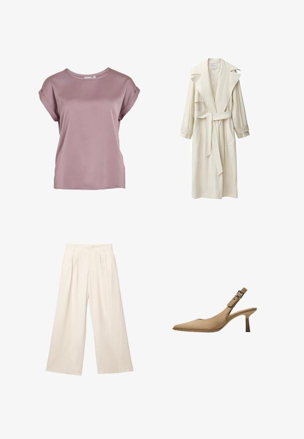 Jasny płaszcz trench z szerokim kołnierzem, długimi rękawami, wiązaniem w talii oraz bocznymi kieszeniami. Wykonany z lekkiej tkaniny o teksturowanym wykończeniu.; Koszulka z krótkim rękawem i okrągłym dekoltem w miękkim kolorze mauve, wykonana z gładkiego, lekkiego materiału, z podwiniętymi rękawami i luźnym krojem.; Spodnie o szerokich nogawkach w jasnym beżowym kolorze z miękkiej, teksturowanej tkaniny. Posiadają plisowane przody oraz elastyczny pas dla luźnego kroju.; Beżowe czółenka na obcasie z odkrytą piętą, o spiczastym nosku, wykonane z teksturowanej zamszowej materiału, z wąskim obcasem. Posiadają regulowany pasek z klamrą dla zapewnienia stabilnego dopasowania.