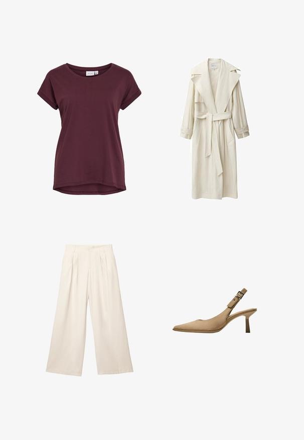Ivoor trenchcoat met een brede kraag, lange mouwen, ceintuurtie en zijzakken. Gemaakt van lichte stof met een gestructureerde afwerking.; Bordeaux kleurige t-shirt met korte mouwen, voorzien van een ronde halslijn, een iets langere achterkant en opgerolde mouwen, gemaakt van zacht materiaal.; Lange broek met wijde pijpen in een lichtbeige kleur, gemaakt van een zachte, gestructureerde stof. Heeft voorplooien en een elastische tailleband voor een comfortabele pasvorm.; Beige slingback pump met een spitse neus, van textuur-suède materiaal en een slanke hak. Voorzien van een verstelbare gespriem voor een veilige pasvorm.