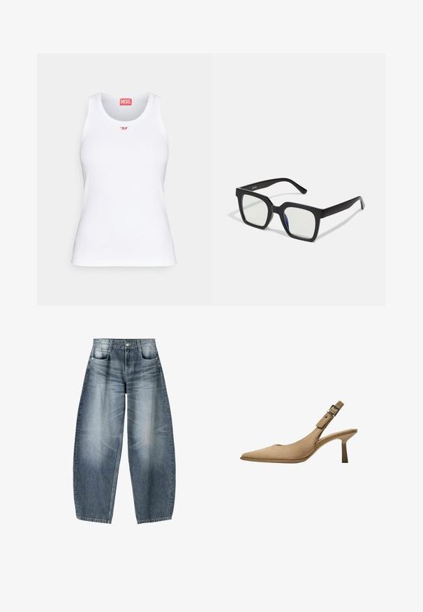 Valkoinen trench-takki, jossa on leveä kaulus, pitkät hihat, vyösolki ja sivutaskut. Valmistettu kevyestä kankaasta, jossa on teksturoitu pinta.; Valkoinen toppi, joka on valmistettu puuvillasta, pyöreällä kaula-aukolla, kapealla leikkauksella ja pienellä punaisella Diesel-logolla rinnassa. Sileä pinta.; Laivahousut, jotka on valmistettu vaaleansinisestä denimmateriaalista, jossa on haalistumista. Niissä on viisi taskua, nappisuljenta ja vain vähäisiä ompelutietoja.; Beige slingback-korkokenkiä, joissa on terävä kärki, teksturoitu mokkanahka ja hoikka korko. Varustettu säädettävällä soljella turvallista istuvuutta varten.; Mustat aurinkolasit mattapinnalla, joissa on läpinäkyvät linssit ja kevyesti sinertävä sävy yhdellä puolella. Vankka, kulmikas muotoilu.