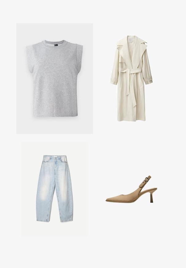 Cappotto trench avorio con ampio colletto, maniche lunghe, cintura e tasche laterali. Realizzato in tessuto leggero con una finitura texture.; Canottiera grigia senza maniche realizzata in tessuto morbido, con scollatura rotonda e spalle leggermente imbottite, caratterizzata da un orlo dritto.; Jeans in denim azzurro chiaro con una vestibilità ampia, caratterizzati da una finitura sbiadita, due tasche frontali e una chiusura con bottone in vita.; Décolleté beige con punta appuntita, materiale in suede texturizzato e tacco sottile. Presenta una fascia con fibbia regolabile per una vestibilità sicura.