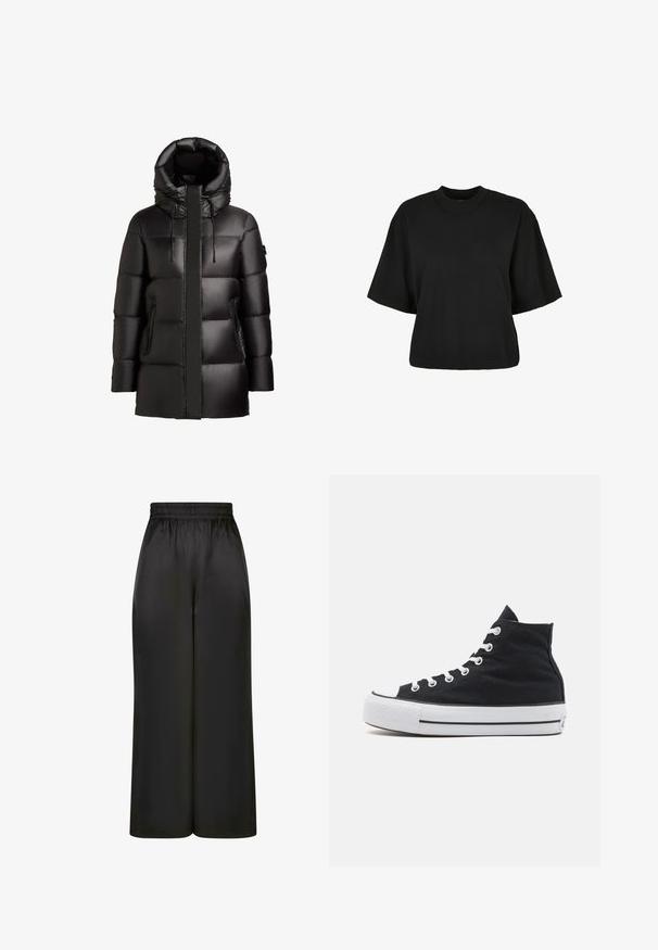 Mustproken musta puffer-jakk, millel on kõrge krae ja ülepaisutatud kapuuts. Omab lukuga taskuid ja siledat, läikivat pinda koos tikandiga.; Must terav t-särk, mis on valmistatud puuvillast. Omab lühikesi varrukaid ja ümmargust kaelust. Sile tekstuur ja lihtne disain, ilma täiendavate mustriteta.; Mustad laiad püksid, mis on valmistatud siledast, läikivast kangast, millel on elastne vöökoht ja ilma nähtavate taskute või riistvara detailideta.; Musthave mustripside mustkuntoon lava mustallast, gorantli beadiasi mustrikravi strits cast siinnid valkalin kahtelad. Mustvalgive tuled maks.