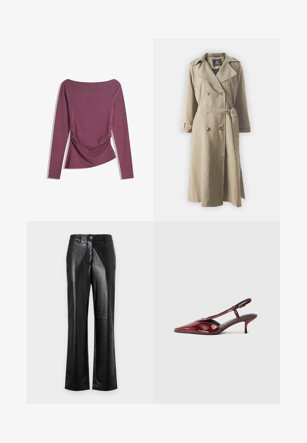 Cappotto beige con design doppiopetto, bottoni dorati, cintura e tasche a patta. Tessuto liscio, maniche di lunghezza intermedia e spacco laterale.; Top mauve a maniche lunghe con scollatura a barca, vita aderente con leggera arricciatura su entrambi i lati, mostrato disteso su sfondo bianco.; Pantaloni in pelle nera con design a gamba dritta, dotati di chiusura frontale con bottone, passanti per cintura e una texture liscia e lucida.; Scarpa slingback con tacco kitten a punta in pelle bordeaux lucida, con fascia a T e fibbia argentata su sfondo bianco.