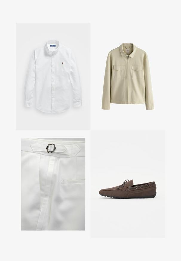 Šviesiai smėlio spalvos užtrauktuku užsegama striukė su apykakle, dviem krūtinės kišenėmis ir šoninėmis kišenėmis. Pagaminta iš tekstūruotos medžiagos, laisva fasona.; Balti medvilnės marškiniai su sagomis, klasikiniu apykakle, ilgomis rankovėmis ir mažuoju siuvinėjimu kairėje krūtinės pusėje.; Balti audiniai kelnės, pasižyminčios tekstūruotu paviršiumi, lygia satino juosta ir sidabro spalvos metaliniu užsegimu. Įtrauktas galinis kišenė.; Rudos slip-on batai su tekstūriniu herringbone raštu, metaliniais akių skylutėmis ir raištelių akcentu. Ypatybės: lankstus juodas guminis padas.