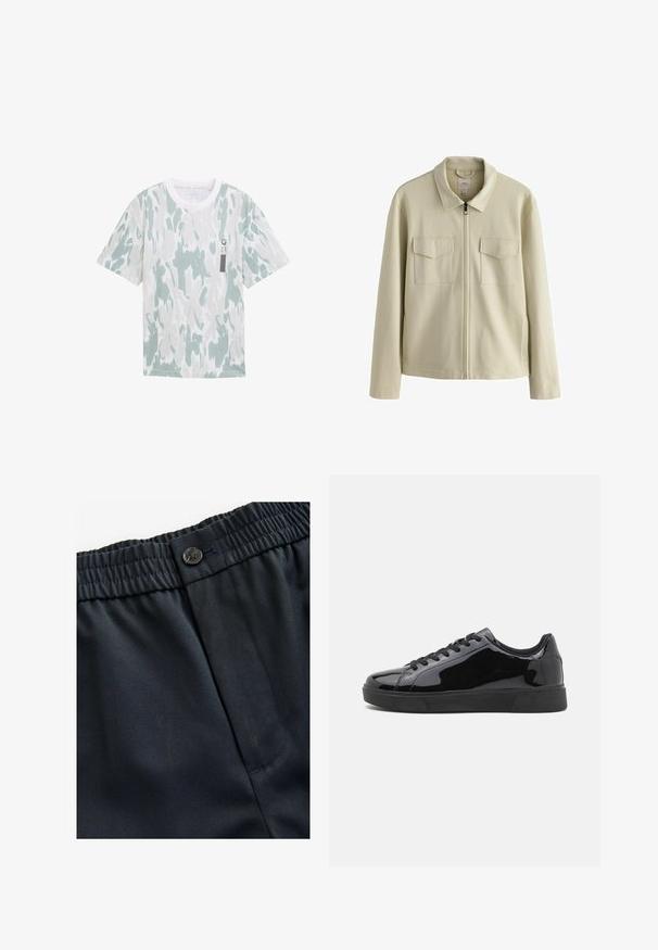 Lichtbeige ritsjack met een kraag, twee borstzakken en zijzakken. Gemaakt van gestructureerde stof met een relaxte pasvorm.; Lichtgroene en witte T-shirt met een patroon, korte mouwen, ronde halslijn en een klein zwart label op de voorkant. Zachte stoftextuur.; Marineblauwe, lichte stof met een gladde textuur. Beschikt over een elastische tailleband met een knoopsluiting en een enkele zijzak.; Zwarte gepoetste lederen sneakers met een ronde neus, platte rubberen zool en zwarte veters. Glad, glanzend oppervlak op de bovenzijde.
