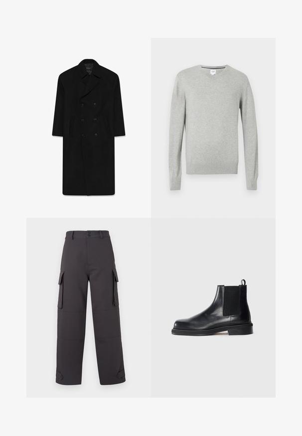 Fekete, dupla soros kabát, lapel gallérral, két elülső zsebből és egyenes szabással. Gyapjú anyagból készült, sima tapintással.; Világosszürke pulóver, V nyakú fazon, hosszú ujjak, bordázott mandzsetták és szegély, puha textúra. Márkajelzés a nyakrésznél található.; Fehér pamut póló, kerek nyakkal, rövid ujjú, laza fazonú. Simább textúrájú, mintázat vagy díszítés nélkül.; Sötét szürke cargo nadrág, sima anyagból készült, két oldalsó zsebbel és gombos záródással. Laza szabású, szűkített szárvégekkel.; Fekete bőr Chelsea bokacsizma elasztikus oldalsó panelekkel, kerek orral, húzófüllel a sarkán és alacsony, rétegelt talppal egyszínű háttéren.