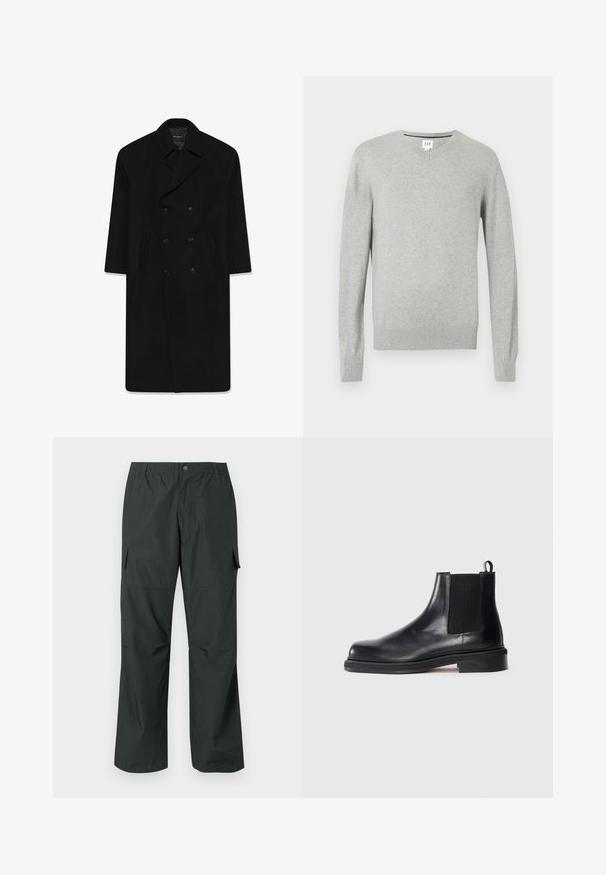 Zwarte dubbelzijdige jas met een reverskraag, twee voorzakken en een rechte snit. Gemaakt van wollen stof met een gladde textuur.; Lichtgrijze trui, v-hals ontwerp, lange mouwen, ribgebreide boorden en zoom, zachte textuur. Merkenlabel bevindt zich bij de halslijn.; Witte katoenen t-shirt met een ronde hals, korte mouwen en een comfortabele pasvorm. Een gladde textuur, zonder patronen of versieringen.; Donker groene cargobroek met een ontspannen pasvorm, elastische tailleband, gestikte zakken en een soepele, lichte stoftextuur.; Zwarte leren Chelsea-boot met elastische zijpanelen, ronde neus, aantrekband bij de hiel en een lage gestapelde zool op een effen achtergrond.