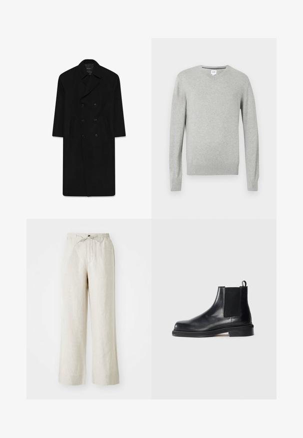 Fekete, dupla soros kabát, lapel gallérral, két elülső zsebből és egyenes szabással. Gyapjú anyagból készült, sima tapintással.; Világosszürke pulóver, V nyakú fazon, hosszú ujjak, bordázott mandzsetták és szegély, puha textúra. Márkajelzés a nyakrésznél található.; Fehér pamut póló, kerek nyakkal, rövid ujjú, laza fazonú. Simább textúrájú, mintázat vagy díszítés nélkül.; Világos bézs színű vászon nadrág, laza szabással, gumis derékkal és zsinórral, valamint oldalsó zsebekkel a kényelem érdekében.; Fekete bőr Chelsea bokacsizma elasztikus oldalsó panelekkel, kerek orral, húzófüllel a sarkán és alacsony, rétegelt talppal egyszínű háttéren.