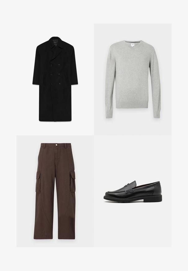 Svart dubbelknäppt kappa med slagkrage, två framfickor och rak skärning. Tillverkad av ulltyg med en mjuk textur.; Ljusgrå tröja, v-halsdesign, långa ärmar, ribbade cuffar och fåll, mjuk textur. Märkesetikett placerad vid halslinningen.; Vit bomullströja med rund halsringning, korta ärmar och en avslappnad passform. Slät textur, inga mönster eller dekorationer.; Han Kjøbenhavn CARGO TROUSERS - Cargobyxor - dark brown; Svart syntetiska loafers med en framträdande söm på framsidan, vadderad sula och platt gummiyttersula; elegant design med minimalt detaljerad.