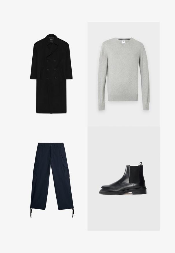 Mustapukuinen kaksirivinen takki, jossa on kauluskäänne, kaksi etutaskua ja suora leikkaus. Valmistettu villakankaasta, jossa on sileä pinta.; Vaaleanharmaa neule, V-pääntie, pitkät hihat, ribbireunat hihansuissa ja helmassa, pehmeä tekstuuri. Merkkilogo sijaitsee kaula-aukon kohdalla.; Valkoinen puuvillapaita, jossa on pyöreä kaula-aukko, lyhyet hihat ja rento istuvuus. Sileä pinta, ei kuvioita tai koristeita.; Navy-henkiset cargo-housut, joissa on useita sivutaskuja, rento leikkaus, lahkeensuussa nyörit ja sileä kangas.; Musta nahkainen Chelsea-saapas, jossa on elastinen sivupaneeli, pyöreä kärki, vetonauha kantapäässä ja matala pinoiltu pohja yksinkertaisella taustalla.