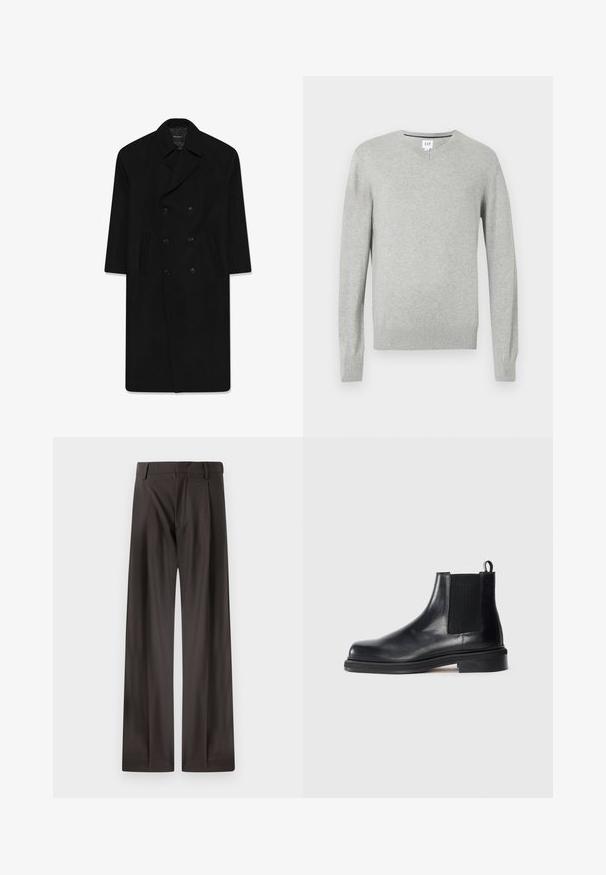 Abrigo negro de doble botonadura con cuello de solapa, dos bolsillos delanteros y corte recto. Fabricado con tela de lana de textura suave.; Suéter gris claro, diseño de cuello en v, mangas largas, puños y dobladillo acanalados, textura suave. Etiqueta de la marca ubicada en el cuello.; Camiseta blanca de algodón con cuello redondo, mangas cortas y un corte relajado. Textura suave, sin patrones ni adornos.; Pantalones de pierna ancha en tejido marrón oscuro. Presentan una textura suave, una cinturilla estructurada y pliegues frontales sutiles.; Botín Chelsea de cuero negro con panel lateral elástico, punta redonda, lengüeta en el talón y suela baja apilada sobre fondo liso.