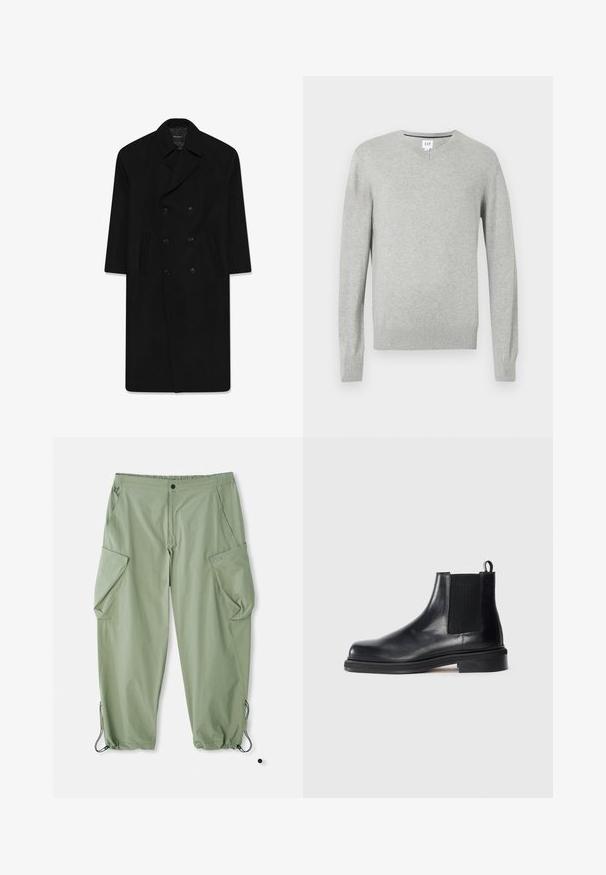 Zwarte dubbelzijdige jas met een reverskraag, twee voorzakken en een rechte snit. Gemaakt van wollen stof met een gladde textuur.; Lichtgrijze trui, v-hals ontwerp, lange mouwen, ribgebreide boorden en zoom, zachte textuur. Merkenlabel bevindt zich bij de halslijn.; Witte katoenen t-shirt met een ronde hals, korte mouwen en een comfortabele pasvorm. Een gladde textuur, zonder patronen of versieringen.; Lichtgroene cargobroek met een elastische tailleband, meerdere zijzakken en trekkoorden bij de enkels. Gemaakt van duurzaam, gestructureerd materiaal.; Zwarte leren Chelsea-boot met elastische zijpanelen, ronde neus, aantrekband bij de hiel en een lage gestapelde zool op een effen achtergrond.