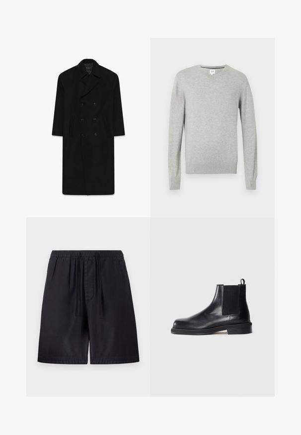 Čierny dvojradový kabát s klopovým golierom, dvoma prednými vreckami a rovnými líniami. Vyrobený z vlnenej tkaniny s hladkým povrchom.; Svetlošedý sveter, výstrih do V, dlhé rukávy, ribbované manžety a spodný lem, mäkká textura. Značka umiestnená na výstrihu.; Biela bavlnená tričko s okrúhlym výstrihom, krátkymi rukávmi a voľným strihom. Hladká textura, žiadne vzory ani ozdoby.; Čierne šortky s elastickým pásom, s šnúrkami, bočnými vreckami a ľahkým materiálom pre pohodlie. Viditeľné detaily švov.; Čierne kožené Chelsea čižmy s elastickým bočným panelom, okrúhlou špičkou, pútkom na päte a nízkou stohovanou podrážkou na jednoduchom pozadí.