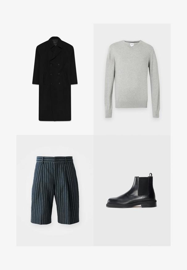 Abrigo negro de doble botonadura con cuello de solapa, dos bolsillos delanteros y corte recto. Fabricado con tela de lana de textura suave.; Suéter gris claro, diseño de cuello en v, mangas largas, puños y dobladillo acanalados, textura suave. Etiqueta de la marca ubicada en el cuello.; Camiseta blanca de algodón con cuello redondo, mangas cortas y un corte relajado. Textura suave, sin patrones ni adornos.; Pantalones cortos a rayas azul con corte recto, que cuentan con una cinturilla y pliegues, hechos de una tela texturizada. Sin bolsillos visibles ni herrajes.; Botín Chelsea de cuero negro con panel lateral elástico, punta redonda, lengüeta en el talón y suela baja apilada sobre fondo liso.