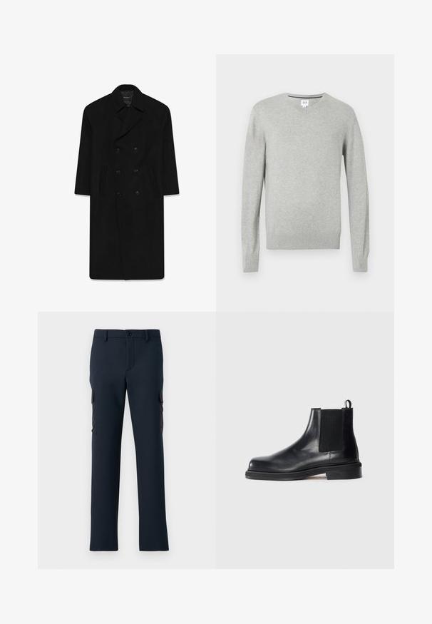 Mustapukuinen kaksirivinen takki, jossa on kauluskäänne, kaksi etutaskua ja suora leikkaus. Valmistettu villakankaasta, jossa on sileä pinta.; Vaaleanharmaa neule, V-pääntie, pitkät hihat, ribbireunat hihansuissa ja helmassa, pehmeä tekstuuri. Merkkilogo sijaitsee kaula-aukon kohdalla.; Valkoinen puuvillapaita, jossa on pyöreä kaula-aukko, lyhyet hihat ja rento istuvuus. Sileä pinta, ei kuvioita tai koristeita.; Tummansinisiä cargo-housuja, jotka on valmistettu sileästä kankaasta, varustettuna sivutaskuilla, etupainamalla ja suoraa lahjetta.; Musta nahkainen Chelsea-saapas, jossa on elastinen sivupaneeli, pyöreä kärki, vetonauha kantapäässä ja matala pinoiltu pohja yksinkertaisella taustalla.