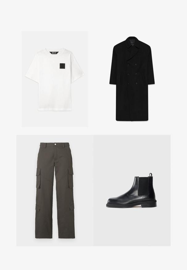 Fekete, dupla soros kabát, lapel gallérral, két elülső zsebből és egyenes szabással. Gyapjú anyagból készült, sima tapintással.; Világosszürke pulóver, V nyakú fazon, hosszú ujjak, bordázott mandzsetták és szegély, puha textúra. Márkajelzés a nyakrésznél található.; Fehér, rövid ujjú pamut póló, bal mellen fekete négyzet alakú logóval. Kerek nyakú, laza szabású.; Sötétszürke egyenes szárú cargo nadrág gombos záródással és négy hajtókás zsebbel, kettő a combon és kettő a vádlinál.; Fekete bőr Chelsea bokacsizma elasztikus oldalsó panelekkel, kerek orral, húzófüllel a sarkán és alacsony, rétegelt talppal egyszínű háttéren.
