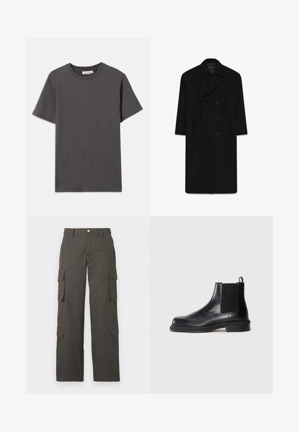 Palton negru cu două rânduri de nasturi, guler cu rever, două buzunare frontale și croială dreaptă. Fabricat din lână cu o textură netedă.; Pulover gri deschis, design cu decolteu în V, mâneci lungi, cu manșete și tiv cu jerseu, textură moale. Eticheta brandului se află la guler.; Tricou scurt cu mânecă, de culoare gri închis, cu guler rotund, având o etichetă mică albă a brandului pe interiorul gulerului, pe un fundal alb.; Pantaloni cargo drepti, de culoare gri închis, cu închidere cu nasture și patru buzunare cu clapetă, două pe coapse și două aproape de gambe.; Botină Chelsea din piele neagră, cu panou elastic pe lateral, vârf rotund, mânere la călcâi și brant mic pe un fundal simplu.