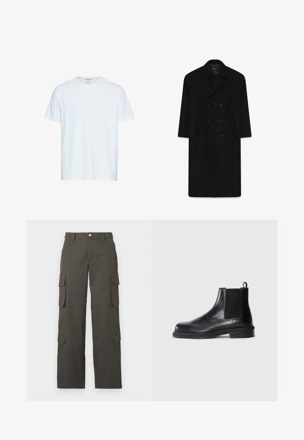 Sort dobbeltbrystet frakke med reverskrave, to forlommer og lige snit. Fremstillet af uldstof med en glat tekstur.; Lys grå sweater med v-hals-design, lange ærmer, ribbede manchetter og kant, blød tekstur. Mærkelabel placeret ved halsudskæringen.; Hvid bomulds t-shirt, korte ærmer, rund hals, blød tekstur, lige kant, minimalistisk design med et lille logo nær halsudskæringen.; Mørkegrå straight-leg cargo bukser med knaplukning og fire klaplommer, to på lårene og to nær læggene.; Sort læder Chelsea-boots med elastisk sidepanel, rund tå, tab ved hælen og lav stablet sål på ensfarvet baggrund.
