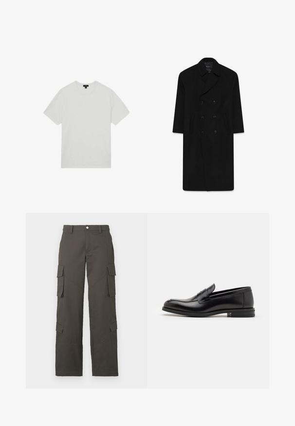 Mustmust ülikond, millel on klapp krae, kaks esist märkmeid ja sirge lõige. Valmistatud villast kangast, millel on sile tekstuur.; Kergelt hall kampsun, V-kaeluse disain, pikad varrukad, soonikkoesed ja ääred, pehme tekstuur. Brändi silt asub kaeluses.; Valge puuvillane T-särk, ümmarguse kaelusega, lühikeste varrukatega ja vabalt langeva lõikega. Sile tekstuur, ilma mustrite või kaunistusteta.; Tumedashallased sirged cargo püksid, millel on nööbikinnitus ja neli klapptaskut, kaks reitele ja kaks säärtel.; Mustad mustad nahast loafers sileda tekstuuriga, ümarat ninaosa ja dekoratiivne riba vampi üle. Madal kihiline konts, minimalistlik disain.
