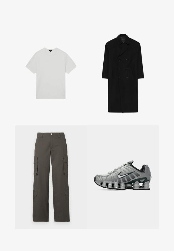 Crni dvostruki kaput s rever kragnom, dva prednja džepa i ravnim krojem. Izrađen od vunene tkanine s glatkom teksturom.; Svijetlosivi dukserica, s v-izrezom, dugim rukavima, rebrastim manžetama i donjim rubom, mekane teksture. Oznaka branda nalazi se na ovratniku.; Bijela pamučna majica s okruglim izrezom, kratkim rukavima i ležernim krojem. Glatka tekstura, bez uzoraka ili ukrasa.; Tamno sivi ravni cargo hlače s kopčanjem na dugme i četiri preklopna džepa, dva na bedrima i dva blizu listova.; Sive i crne Nike trkaće cipele s vidljivim opružnim jastučićem ispod đona i bijelim swoosh logotipom sa strane.