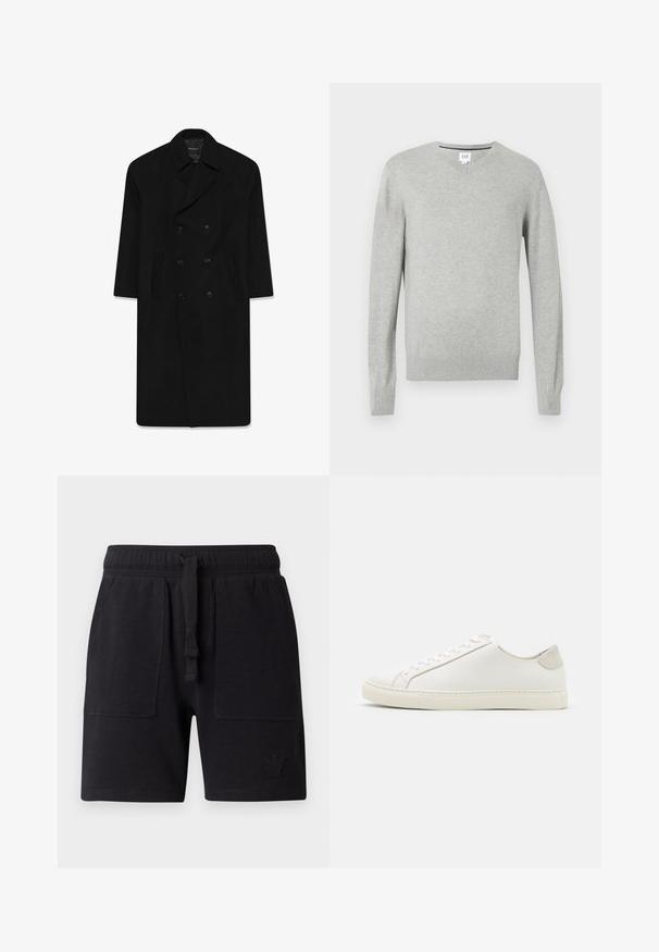 Juodas dvigubas kailis su apykakle, dviem priekinėmis kišenėmis ir tiesiu kirpimu. Pagamintas iš vilnos audinio, turinčio lygią tekstūrą.; Šviesiai pilka megztinis, V formos iškirptė, ilgomis rankovėmis, su nubrauktais rankogaliais ir apačia, minkšta tekstūra. Prekės ženklas pažymėtas ant kaklo.; Juodi šortai pagaminti iš medvilnės mišinio, turintys elastinę juostą su raišteliu, du šoninius kišenes ir mažą logotipo detalę.; Baltos odinės sportinės avalynės, lygiu paviršiumi, apvaliu nosiu ir minimalistiniu dizainu. Su smėlio spalvos akcentais ant kulno ir guminis padas.
