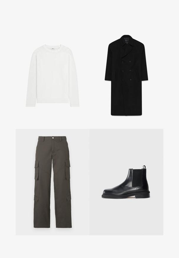 Mustmust ülikond, millel on klapp krae, kaks esist märkmeid ja sirge lõige. Valmistatud villast kangast, millel on sile tekstuur.; Pikemate varrukatega valge puuvillane T-särk, ümmarguse kaelusega, sirge äärisega ja minimaalsete disainielementidega. Sile tekstuur, ilma mustrite või aktsentideta.; Valge puuvillane T-särk, ümmarguse kaelusega, lühikeste varrukatega ja vabalt langeva lõikega. Sile tekstuur, ilma mustrite või kaunistusteta.; Tumedashallased sirged cargo püksid, millel on nööbikinnitus ja neli klapptaskut, kaks reitele ja kaks säärtel.; Mustmustööd mustast nahast Chelseaboot, elastse külgpaneeli, ümarate varvaste, kanna tõmbenööri ja madala klotsist tallaga, ühtlasel taustal.