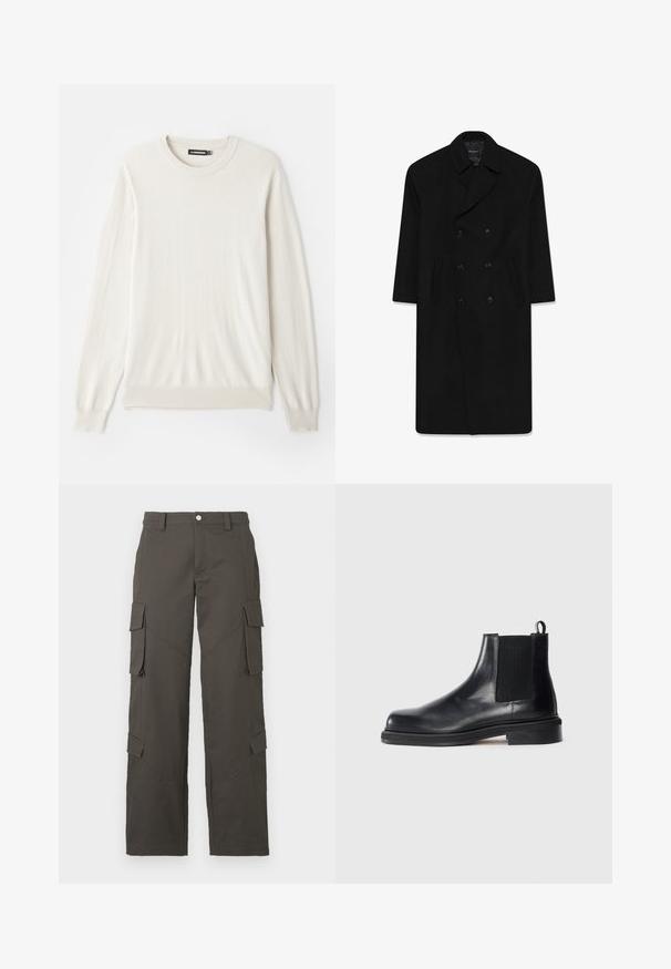 Fekete, dupla soros kabát, lapel gallérral, két elülső zsebből és egyenes szabással. Gyapjú anyagból készült, sima tapintással.; Világos bézs színű, hosszú ujjú pulóver, puha, sima anyagból készült. Bordás kerek nyakkivágással és felhajtott szegélyekkel rendelkezik a klasszikus illeszkedés érdekében.; Fehér pamut póló, kerek nyakkal, rövid ujjú, laza fazonú. Simább textúrájú, mintázat vagy díszítés nélkül.; Sötétszürke egyenes szárú cargo nadrág gombos záródással és négy hajtókás zsebbel, kettő a combon és kettő a vádlinál.; Fekete bőr Chelsea bokacsizma elasztikus oldalsó panelekkel, kerek orral, húzófüllel a sarkán és alacsony, rétegelt talppal egyszínű háttéren.