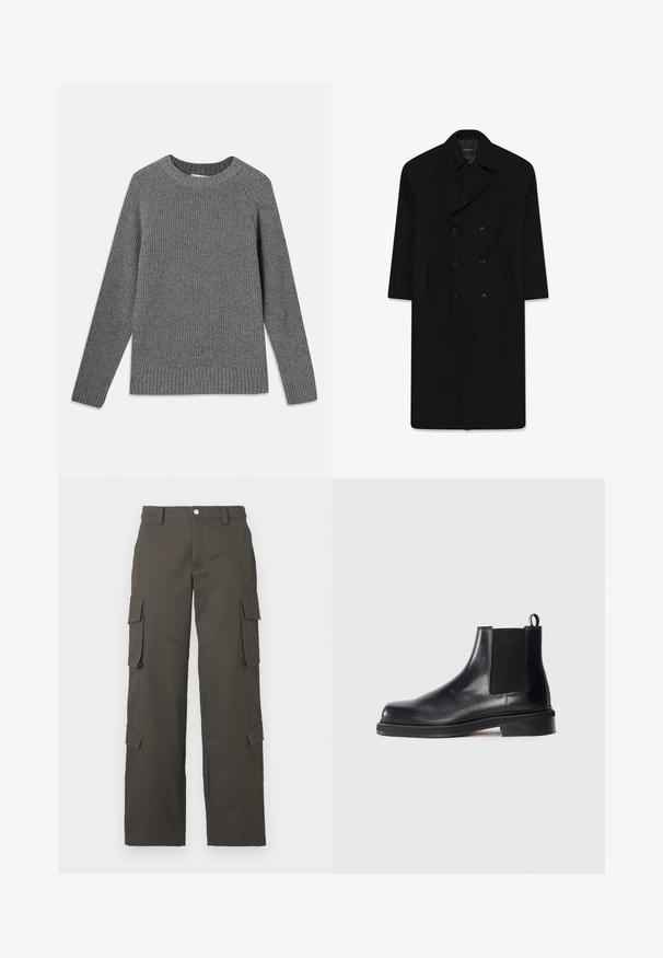 Schwarzer Doppelreißverschluss-Mantel mit Reverskragen, zwei Fronttaschen und geradem Schnitt. Hergestellt aus Wollstoff mit glatter Textur.; Grau gestreifter Pullover mit langen Ärmeln, runder Halsausschnitt und strukturiertem Stoff. Mit gerippten Säumen an den Bündchen und am Saum.; Weißes Baumwoll-T-Shirt mit Rundhalsausschnitt, kurzen Ärmeln und lockerer Passform. Glatte Textur, keine Muster oder Verzierungen.; Dunkelgraue gerade Cargo-Hosen mit Knopfverschluss und vier Klappentaschen, zwei an den Oberschenkeln und zwei nahe den Waden.; Schwarze Leder Chelsea-Stiefel mit elastischem Seitenpanel, runder Zehenpartie, Zugschlaufe an der Ferse und niedrigem, gestapeltem Absatz auf einfarbigem Hintergrund.